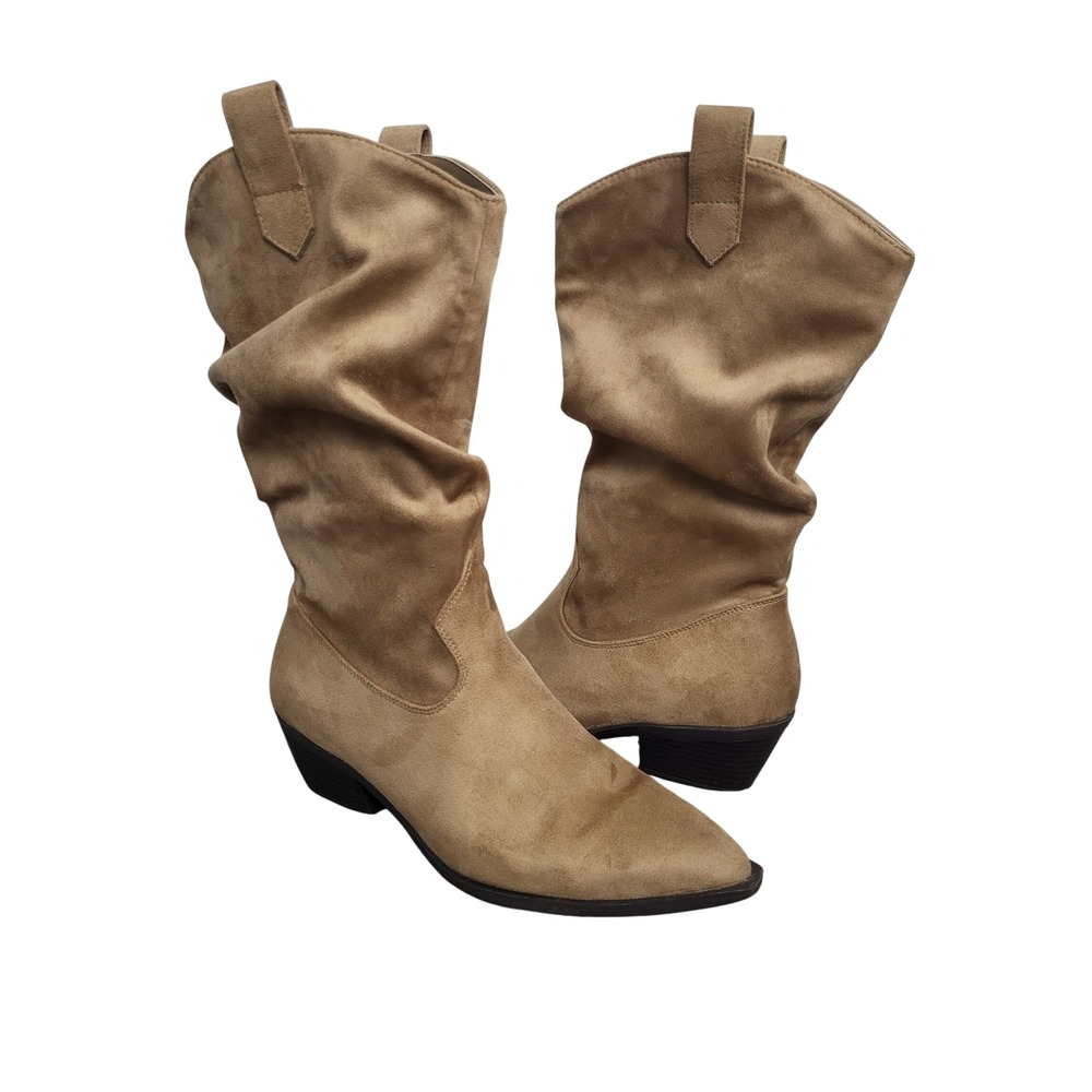 American Eagle Slouchy Western Boots Women 9 Tan Faux Suede Pointed Toe Cowgirl